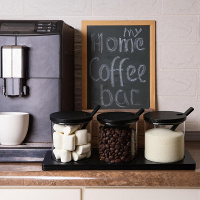 Ensemble de 3 pots à café avec pots à condiments en verre et couvercles en bois