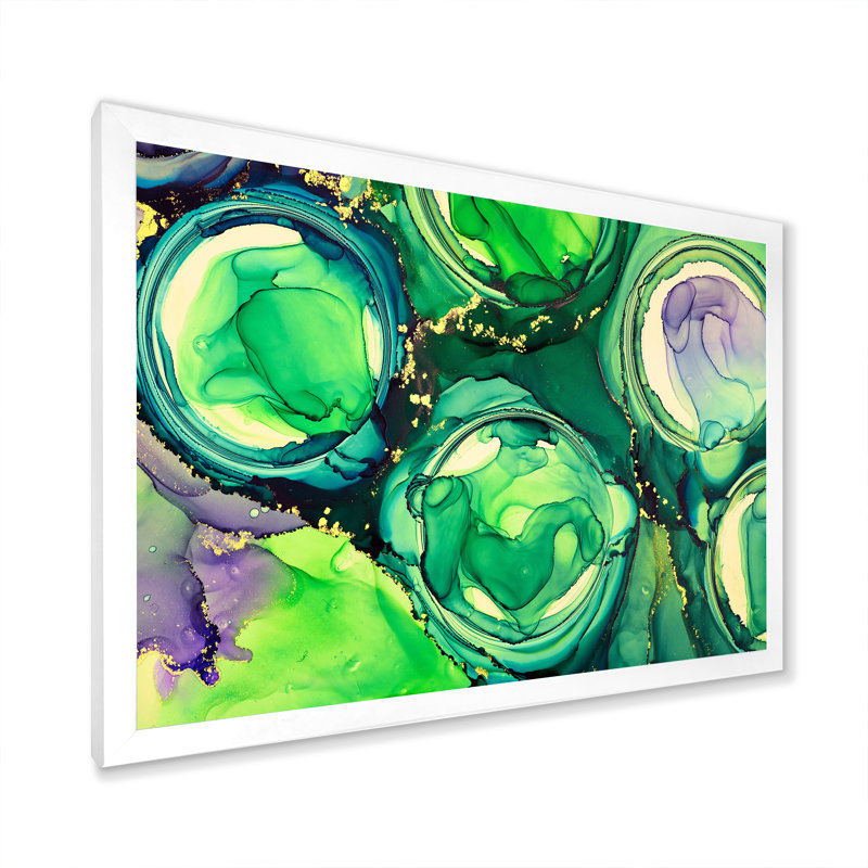 «Green Luxury Abstract Fluid VI», peinture sur toile, H 30 po x l 40 po, Cadre de coin blanc fermé