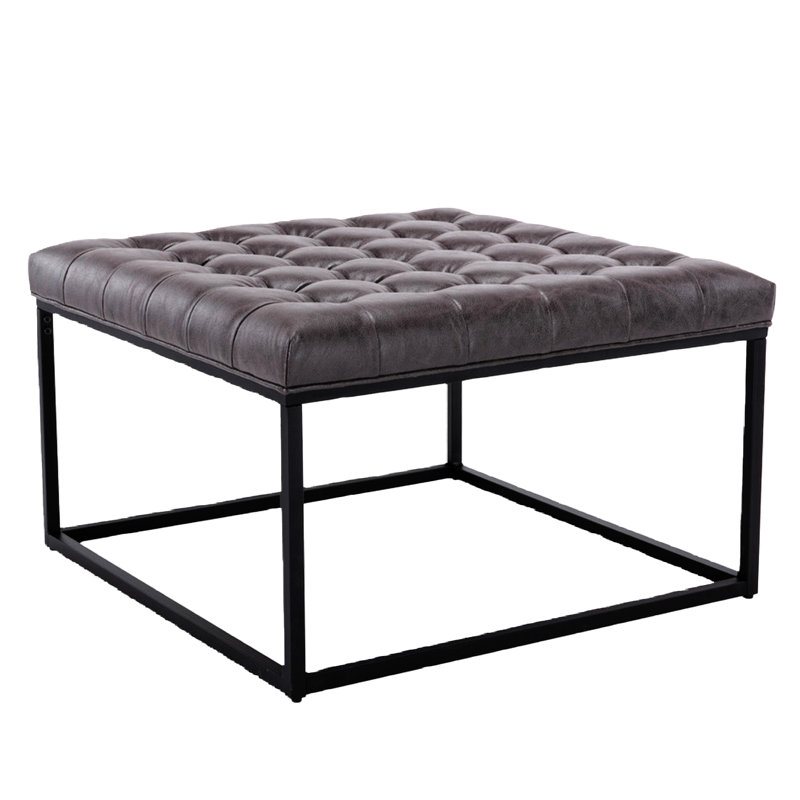 28" Square Button Tufted Metal Ottoman With Multiple Fabric Options, Dark Gray Faux Leather