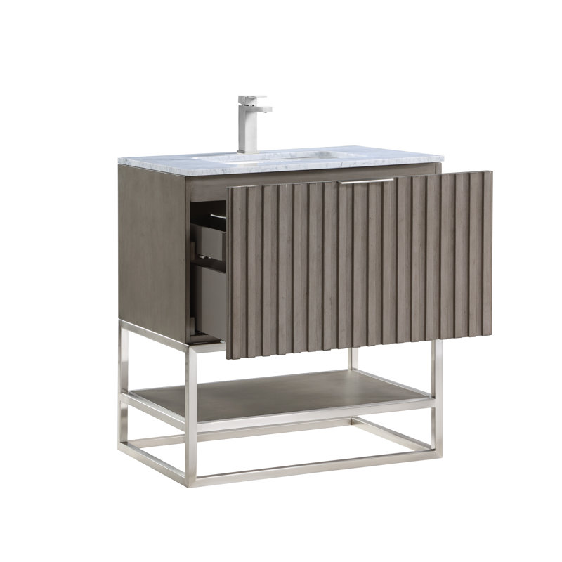 Terra 30'' Single Bathroom Vanity with Top, Carrara Marble/Single Faucet Mount, Cashmere Gray, Brushed Nickel