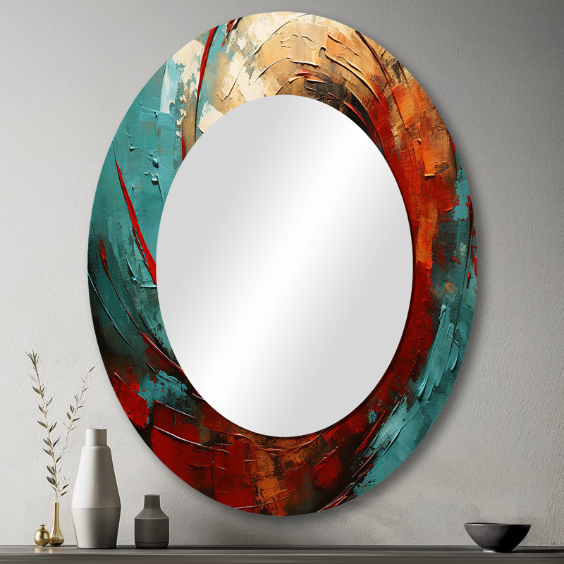 Rouge bleu majestueux mouvement spirale IV - grand miroir mural ovale sur métal, 43 po x 33 po