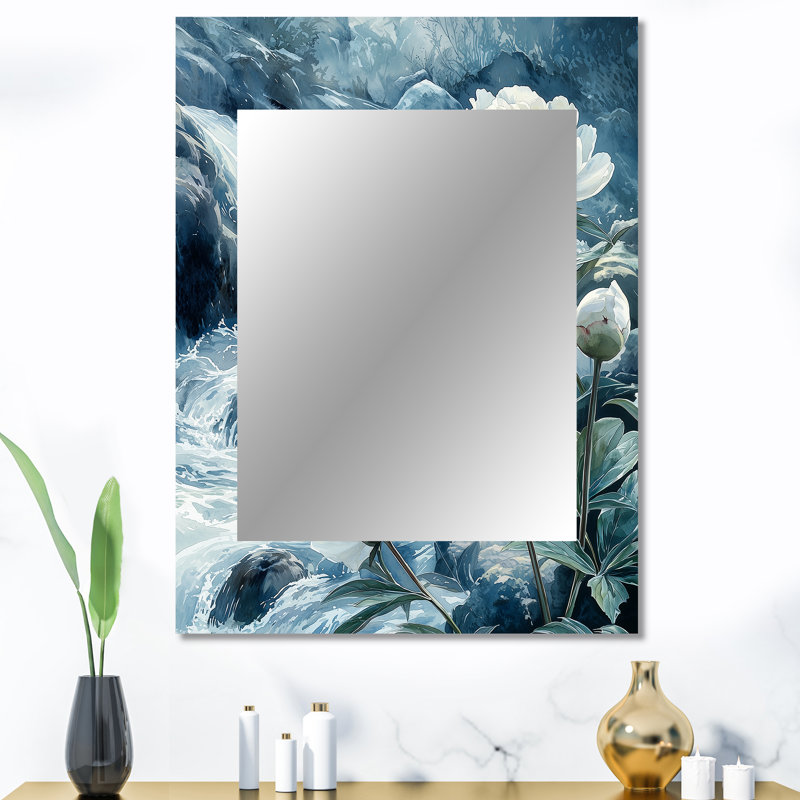Pe pivoines au bord de la rivière I - miroir unique pivoines, grand miroir mural traditionnel, impression sur métal