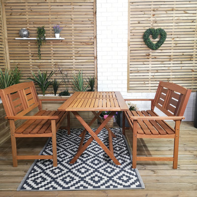 Aayushi Outdoor 4 Person Folding Rectangular Wooden Garden Patio Dining Table and 2 Benches Set