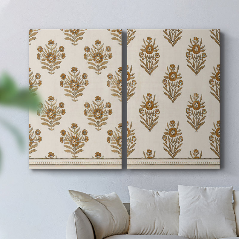 BlockPrintBloomsI - Toile tendue avec châssis de qualité supérieure - Prêt à être accroché, H 48 po x l 64 po