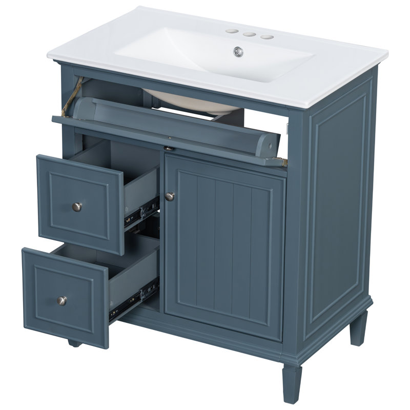 30" Freestanding Bathroom Vanity With Ceramic Sink, Modern Cabinet With 1 Flip Drawer, 2 Storage Drawers And Adjustable Shelf, 4 Colors