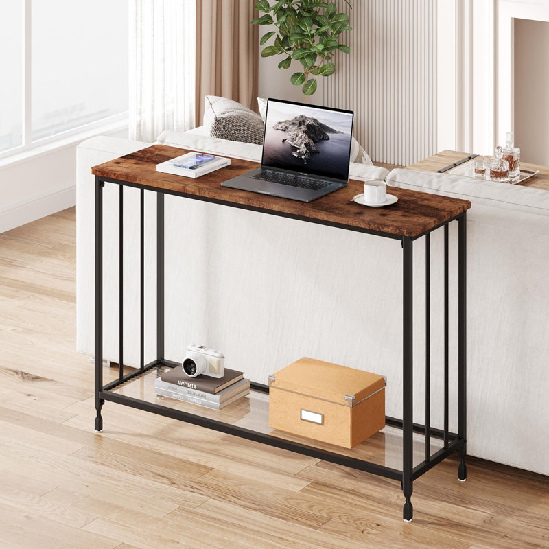 Console 41,3 pouces - Bureau d'entrée industriel avec rangement, canapé à 2 niveaux pour salon, Brun