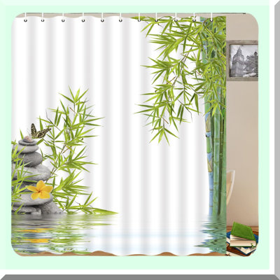 Spring Serenity Green Bamboo Shower Curtain - Floral & Butterfly Scenery, Polyester Fabric, Bathroom Decor with Hooks