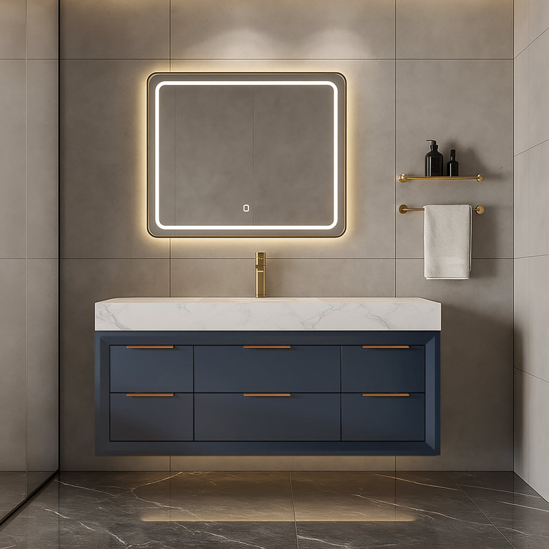 Ensemble de meuble-lavabo mural simple 48 po avec comptoir en pierre blanche, lumière DEL et tiroirs à fermeture en douceur, design moderne