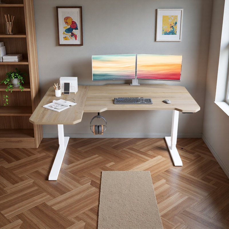Bureau pour travailler debout électrique en L à hauteur réglable de 59 po, Chêne / Blanc