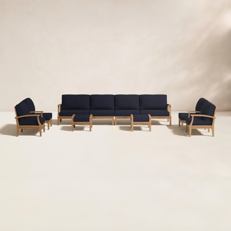 Ensemble de conversation modulaire en teck avec coussins 10 pièces Marina, Bleu marine