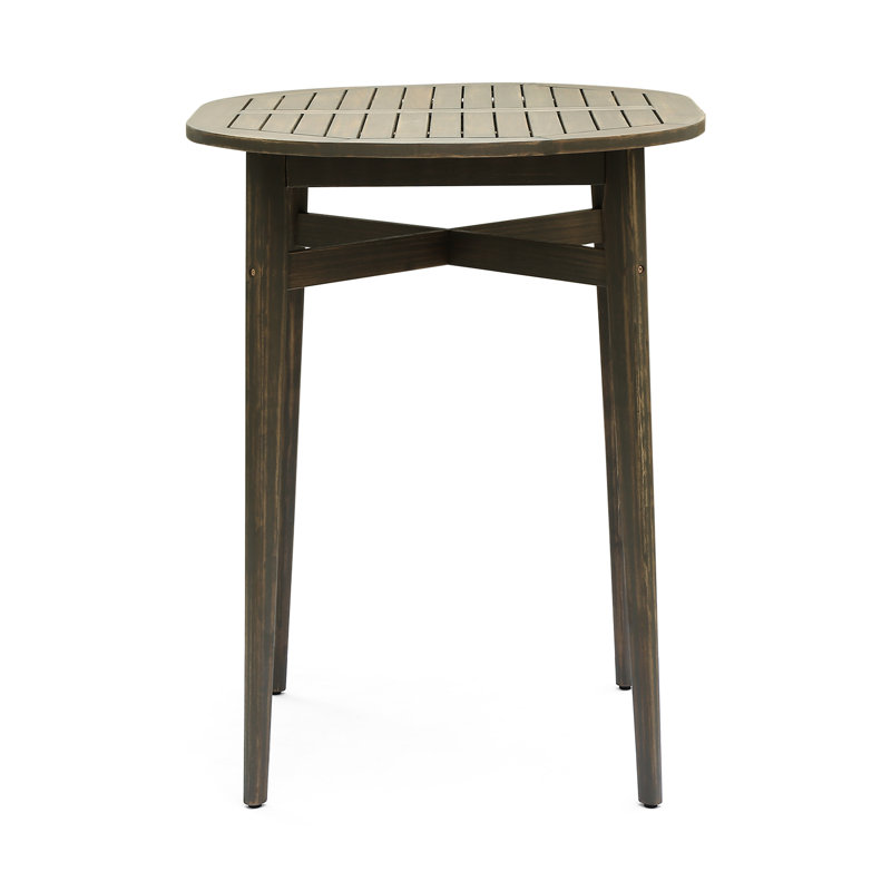 Wood Outdoor Bar Table With Rustic Appeal - Slatted Top And Structure Grey Patio Slat Design For A Contemporary Lounge