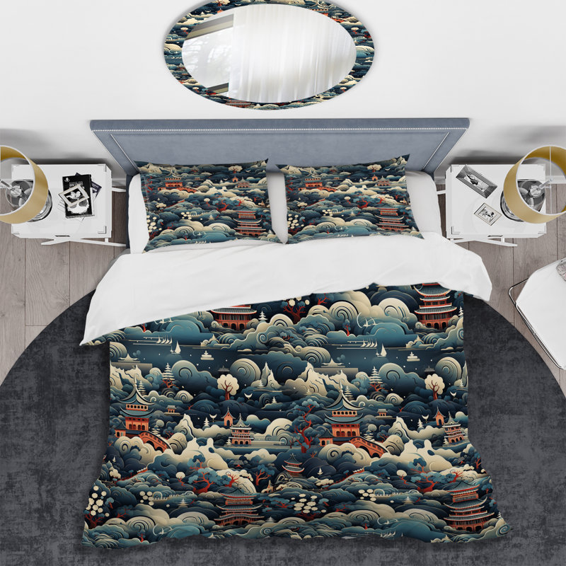 Ensemble de housse de couette Japan Cultural Symbolism, Housse de couette pour grand lit et 2 taies décor