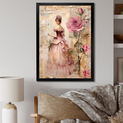 «Victorian Lady Pink Roses Rustic Vintage I - Rose», art mural encadré