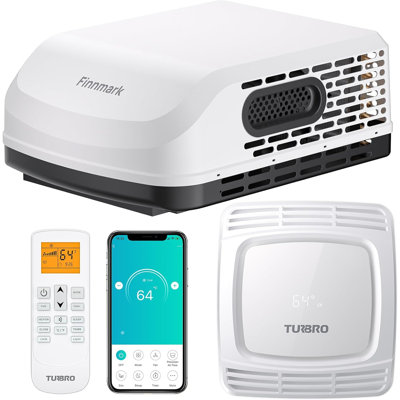 Climatiseur TURBRO pour VR, 15 000 BTU avec chauffage 1 500 W, 115 V CA, unité de toit sans conduit avec poignées de levage, montage au plafond avec lampe d'ambiance, télécommande et contrôle Wi-Fi, blanc