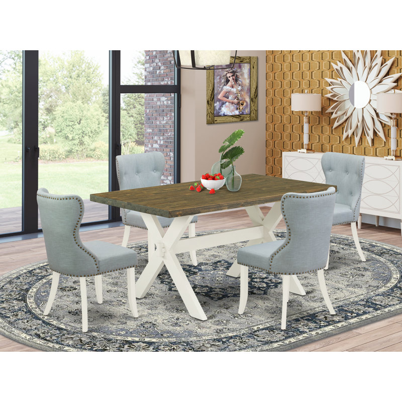 5 Piece Dining Room Table Set Includes a Rectangle Dining Table with X-Legs and 4 Baby Blue Linen Fabric Upholstered Parson Chairs, Wire Brushed Linen White