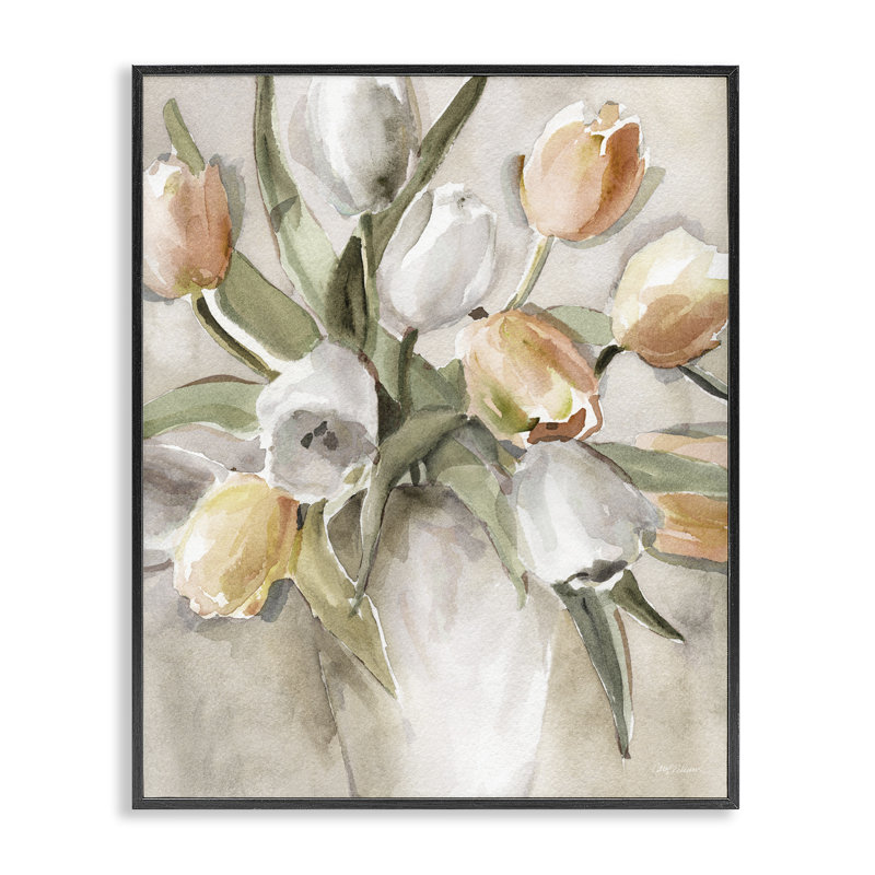 «Peach Tulips Bouquet», estampe numérique de Carol Robinson, H 20 po x l 16 po, Giclée encadrée noir minuit
