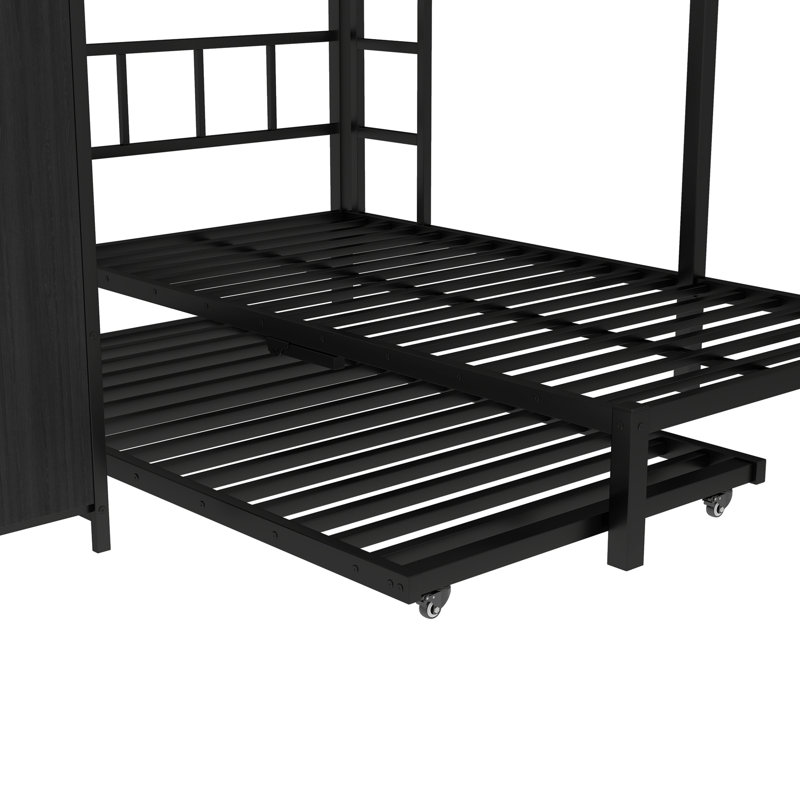 Lit superposé double au-dessus d'un lit double en métal de couleur noire avec garde-robe intégrée, lit gigogne, table pliante, système d'utilisation efficace de l'espace, procédé de revêtement antirouille, bureau pliable à installation rapide,