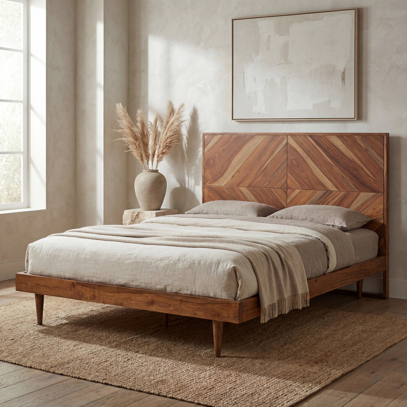 Macibryn Wood Herringbone Bed, Natural, Queen