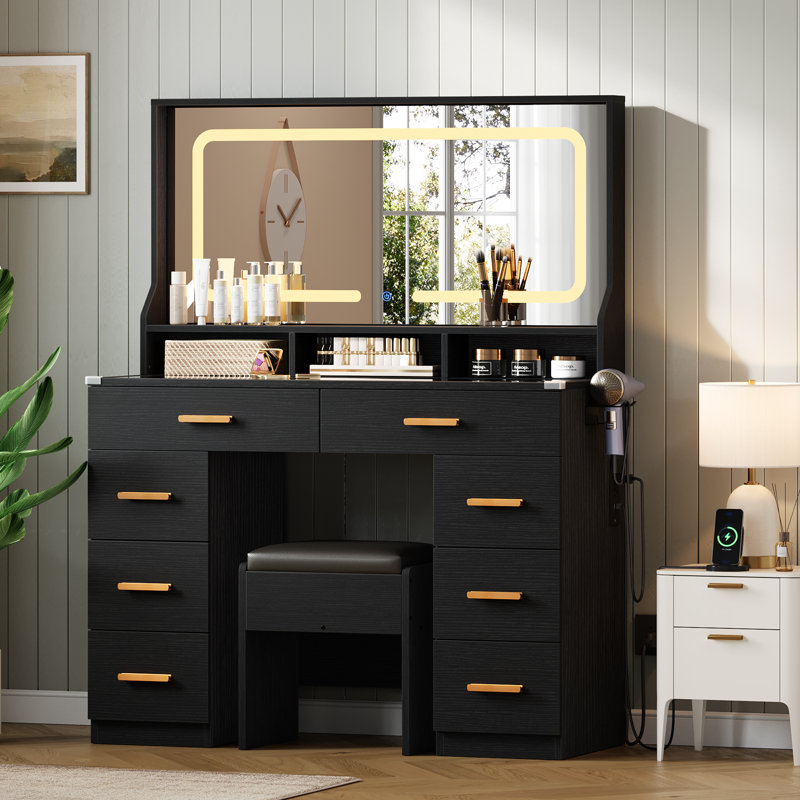 Bureau de coiffeuse avec miroir, table de maquillage avec plateau en verre et 8 tiroirs, Noir