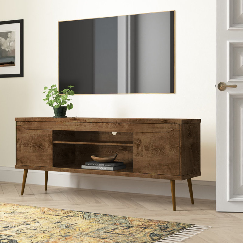Meuble télé Bradley de 63 po de style Mid-Century moderne à 4 tablettes pour téléviseur de 60 po ou moins, Brun rustique
