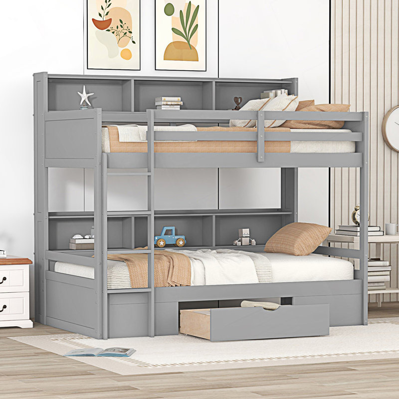 Lit superposé simple avec tablettes intégrées à côté des lits supérieur et inférieur et tiroir de rangement, gris