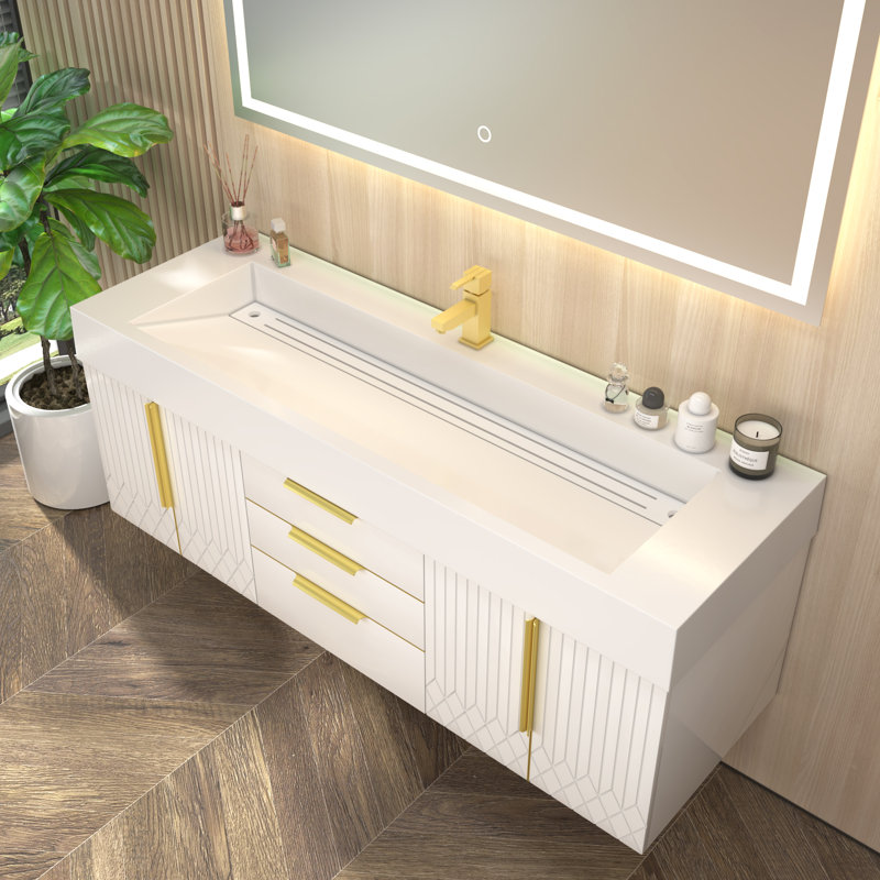 Meuble-lavabo flottant de 60 po avec lavabo simple en acrylique renforcé blanc brillant Milana