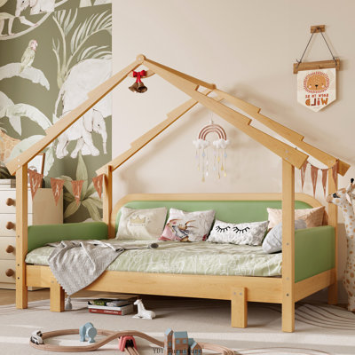 Twin Size Wood Treehouse Bed with Soft Cushion Rails | for Kids/Teens/Girls/Boys, Green
