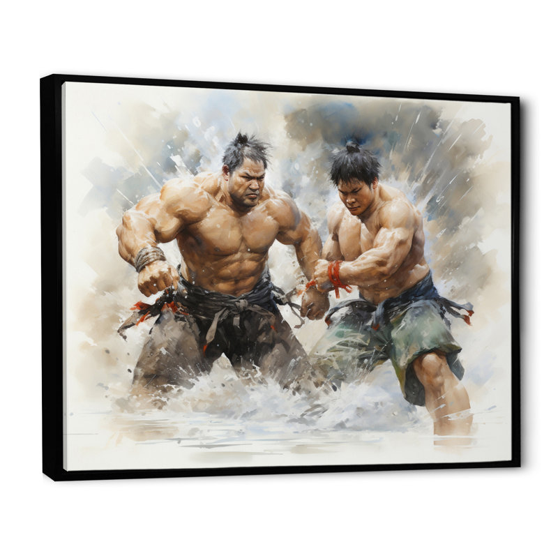 Japon Art Sumo Wrestling - estampes murales japonaises, H 34 po x l 44 po x P 1,5 po, Cadre flottant noir