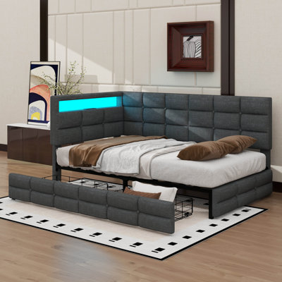 Upholstered Twin Daybed Equipped With Dual Storage Drawers, Built-In Charging Station, LED Lighting, And A Storage-Integrated Headboard