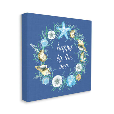 «Happy By The Sea», calligraphie aquatique, couronne de coquillages noirs, estampe numérique de Sharon Lee