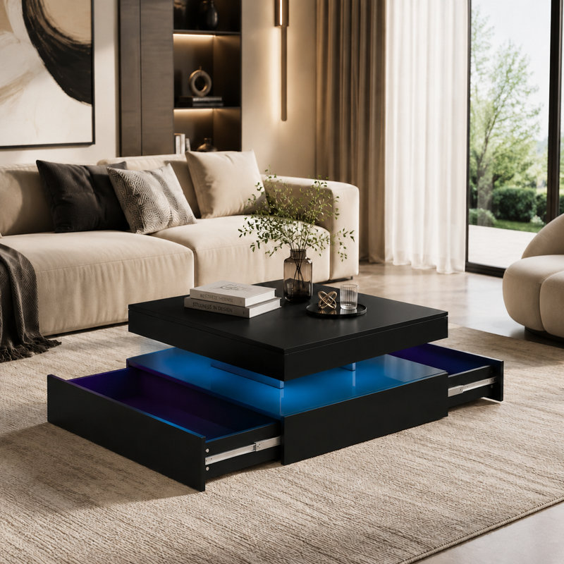 Table basse à DEL ultrabrillante avec tiroirs de rangement coulissants et éclairage 16 couleurs, Noir, 2 Drawers