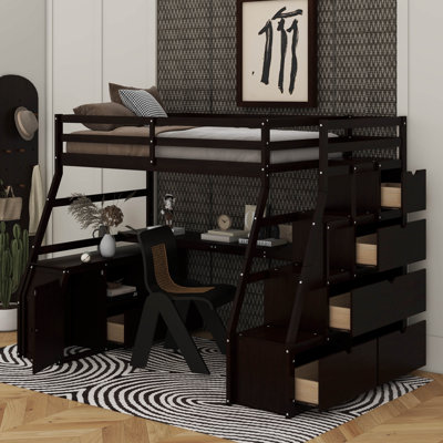 Lit mezzanine simple avec tiroirs, 2 tablettes et bureau