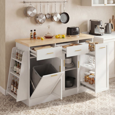 Modern Multi-Functional Kitchen Island Sideboard，Storage Cabinet With Trash Can Storage, Sliding Door Cabinet & 3-Tier Spice Rack