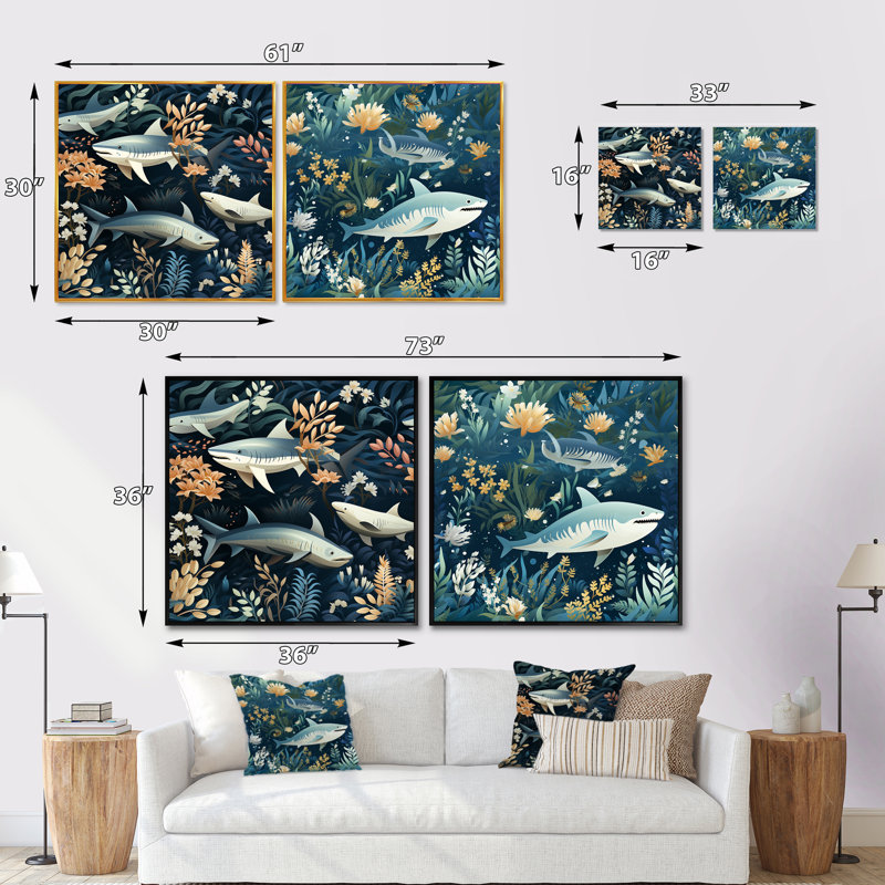 Blue And White Shark Shadows - Animals Shark Square Collage Set Of 2, 16" H x 33" W, Brown Floater Framed