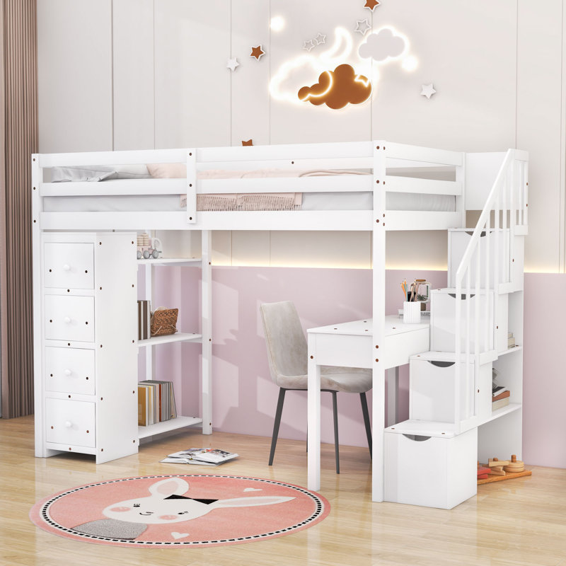 Graesen Kids Twin Loft Bed with Drawers, White