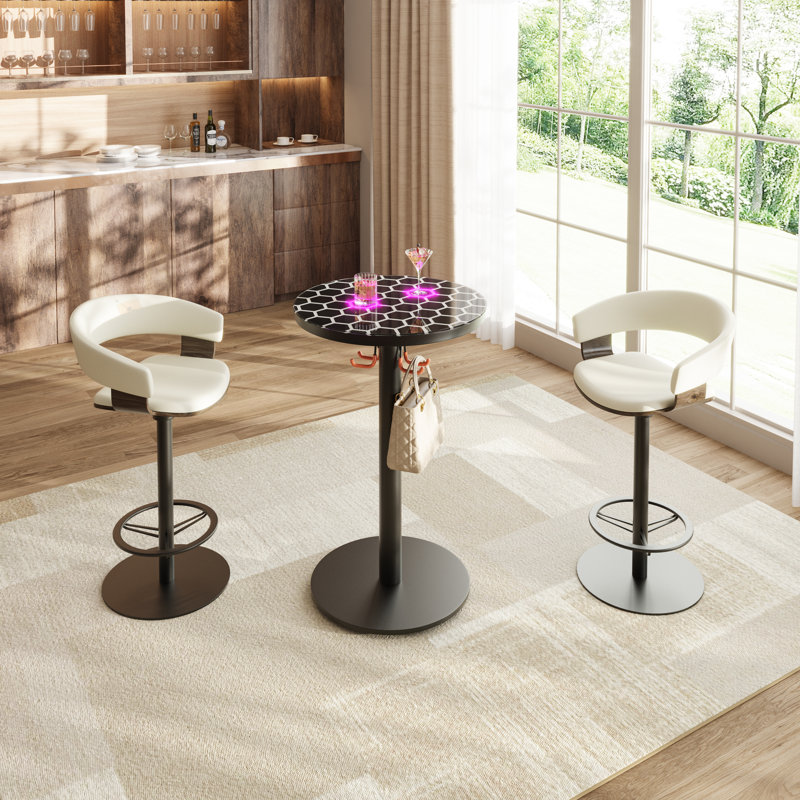 24''W Glass Top Round Bar Table Interactive Cocktail Table With Touch-Sensitive LED Lights & Hook For Kitchen Bistro, Parties