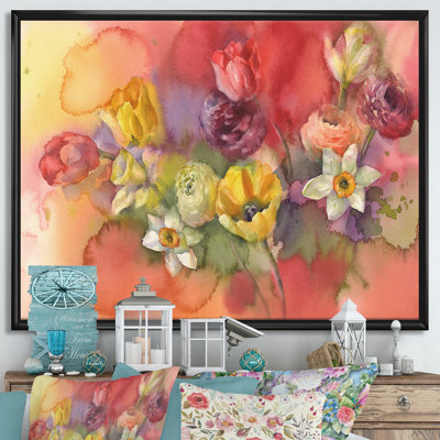Bouquet de tulipes avec fleurs jaunes et rouges - reproduction d'art sur toile