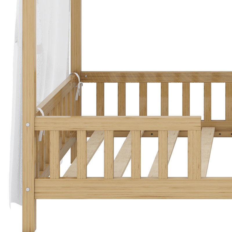 Low-Profile House Bed for Kids with Full Safety Rails and Canopy Top, Natural, Twin