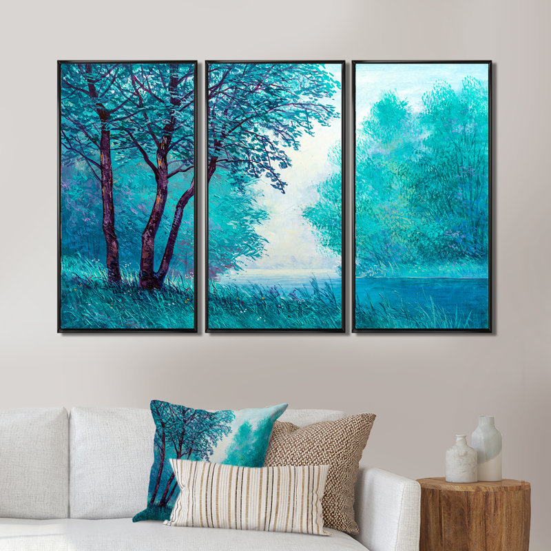 «Blue Colored Tree Impression III», reproduction sur toile flottante 3 pièces, Cadre noir, L 36 po x H 28 po