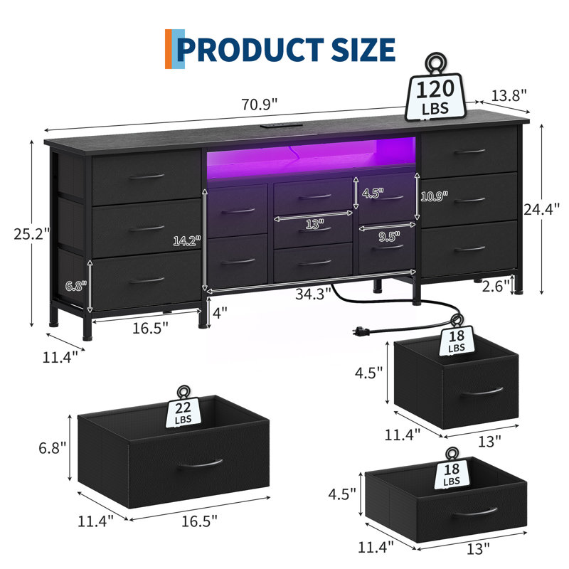 70 Inch TV Stand Dresser for 65-80 Inch TVs, Entertainment Center with 13 Fabric Drawers, Includes Power Outlets & LED Lights