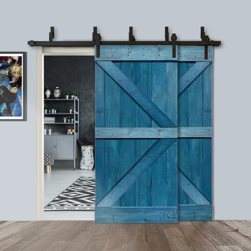 84'' Ocean Blue Solid Pine Barn Door with Oil-Rubbed Bronze Hardware
