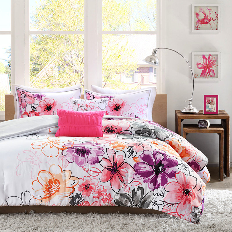 Édredon simple / simple TG et coussin, motif floral doux avec détails rose gris