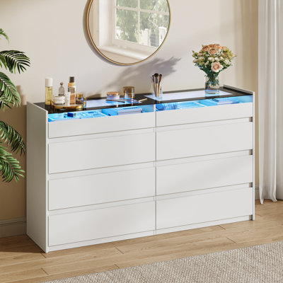 Commode blanche 8 tiroirs avec lumières DEL, commode de rangement pour chambre à coucher en verre