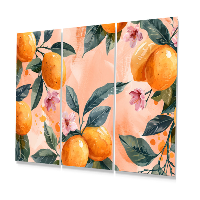 Yellow Pink Floral Orange Trees III - Fruits Wall Art Set, No Framed, 32" H x 48" W