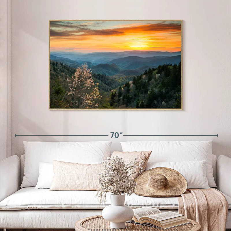 Lever de soleil sur les Great Smoky Mountains, Cadre flottant en bois naturel, 46 po x 31 po