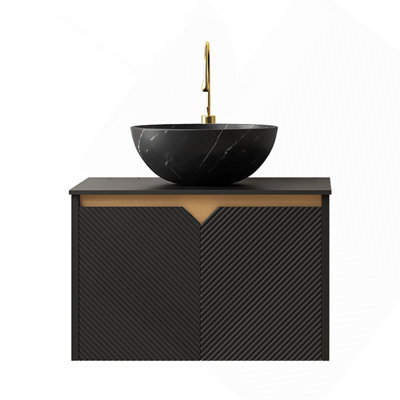 Meuble-lavabo 24 po, meuble de rangement mural en contreplaqué flottant, portes doubles en sergé avec garniture en métal, cuve en céramique noire avec motif en pierre et plateau en pierre frittée noire, noir