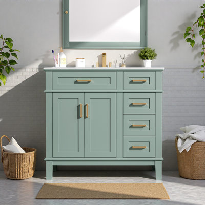 Meuble-lavabo moderne de 36 po avec lavabo en céramique, porte à fermeture en douceur et 4 tiroirs de rangement, offrant un look raffiné avec une fonctionnalité pratique au quotidien