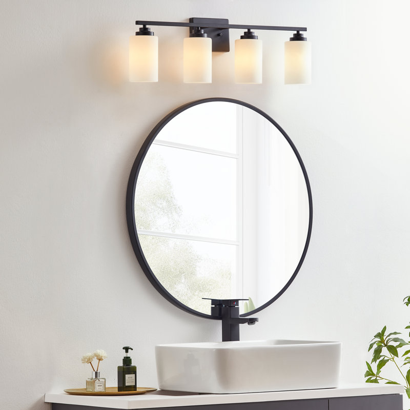 30 in. Black Steel 4-Light Dimmable Vanity Light with Frosted Glass Shades