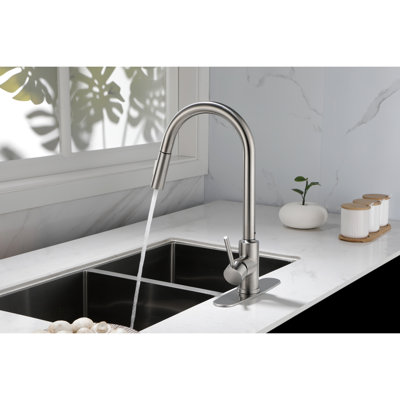 Pull Down Kitchen Faucet - Brushed Nickel Finish, Stainless Steel, 360 Rotatable Nozzle For Convenient Water Access, Single Handle To Regulate Temperature And Flow, Rust Treatment With Pullout