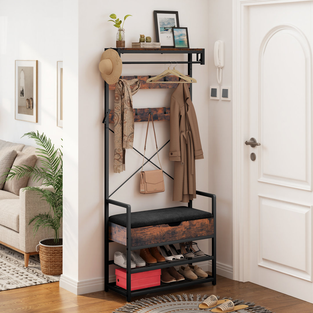 Hall Tree With Bench, With Padded Seat, 10 Hooks And Top Shelf, Hidden Storage